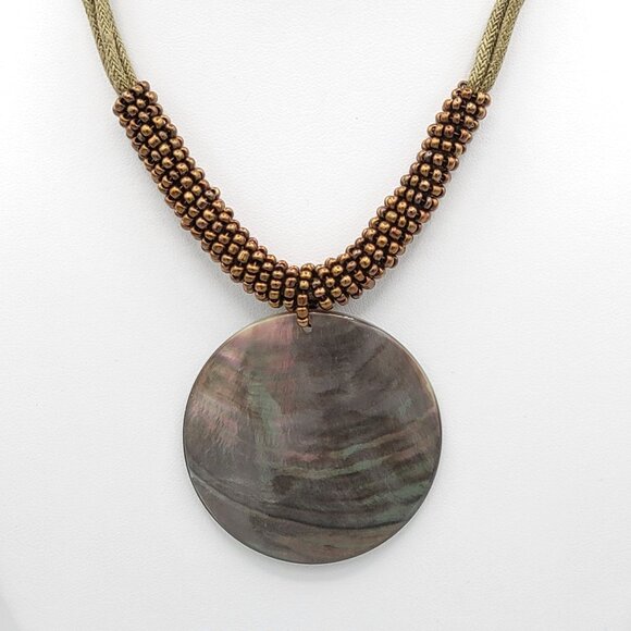 Lia Sophia Corded Bronze Beaded Necklace MOP Mother of Pearl Pendant 16 in - Picture 2 of 7